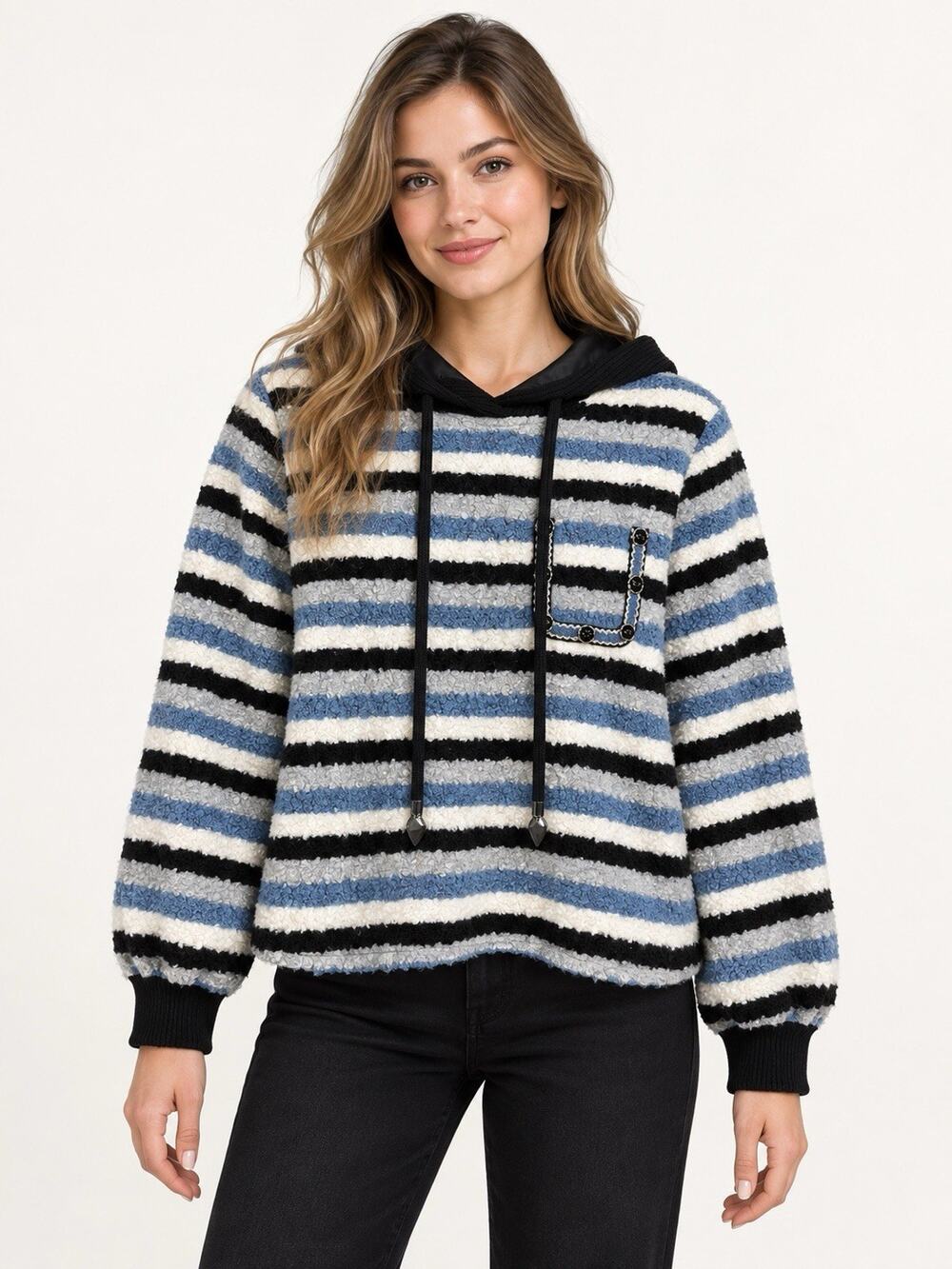 KUOSE Women M Wool Blend Boucle Striped Hooded Sweater Blue Black Lined Pull